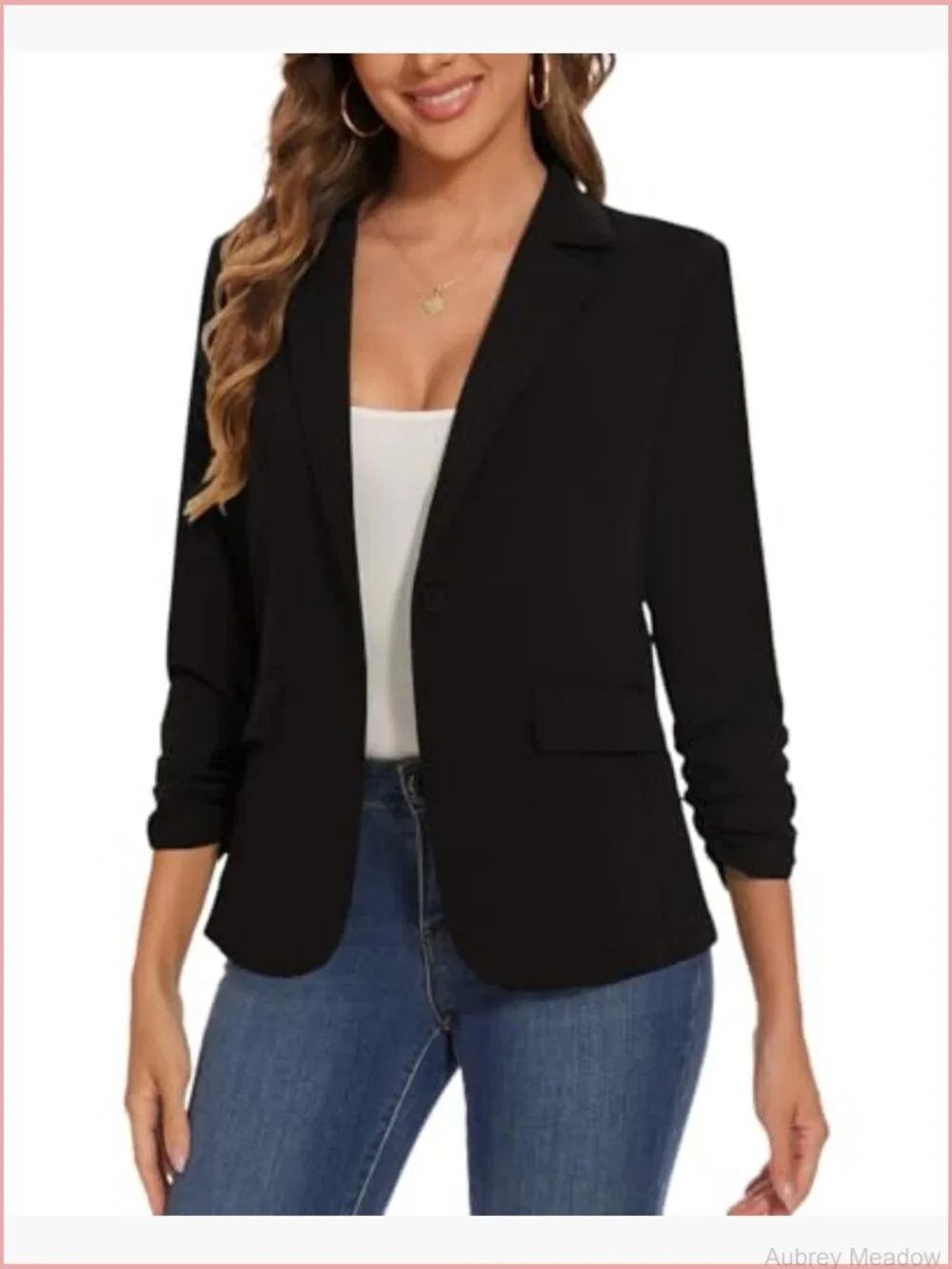 Casual Single Button Blazer Ruched 3/4 Sleeve Notched Lapel Lightweight Office